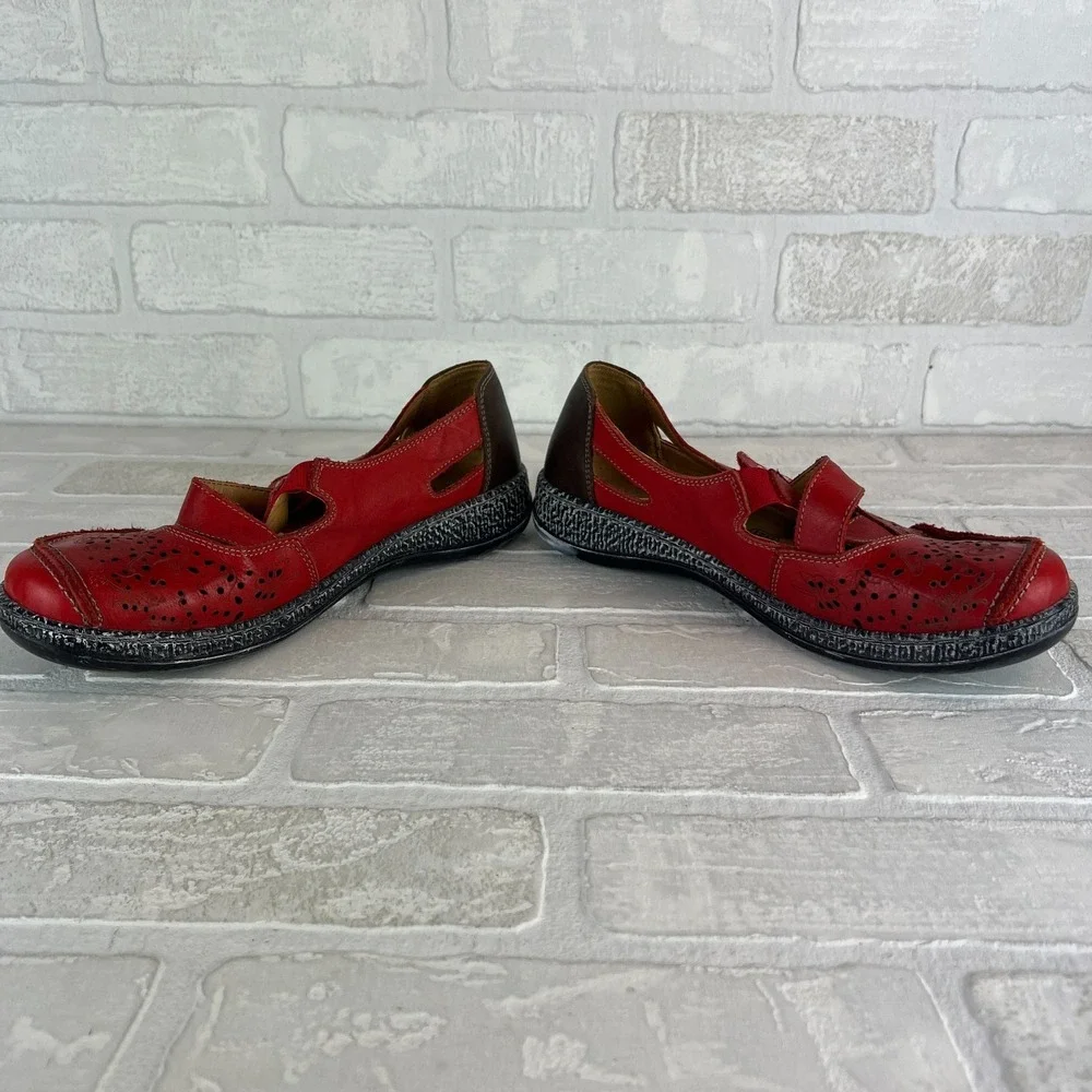 SPRING‎ STEP Womens 40 9 Red Leather Strappy Flats Artsy Boho Cut-Out Comfort